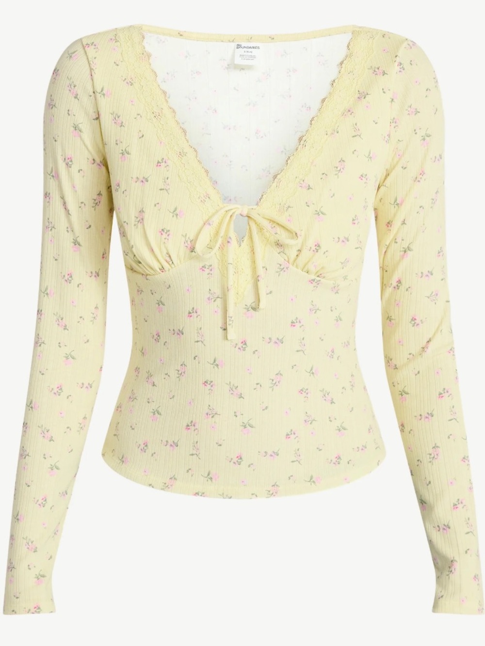 No Boundaries Tie Front Lace Trim Top with Long Sleeves